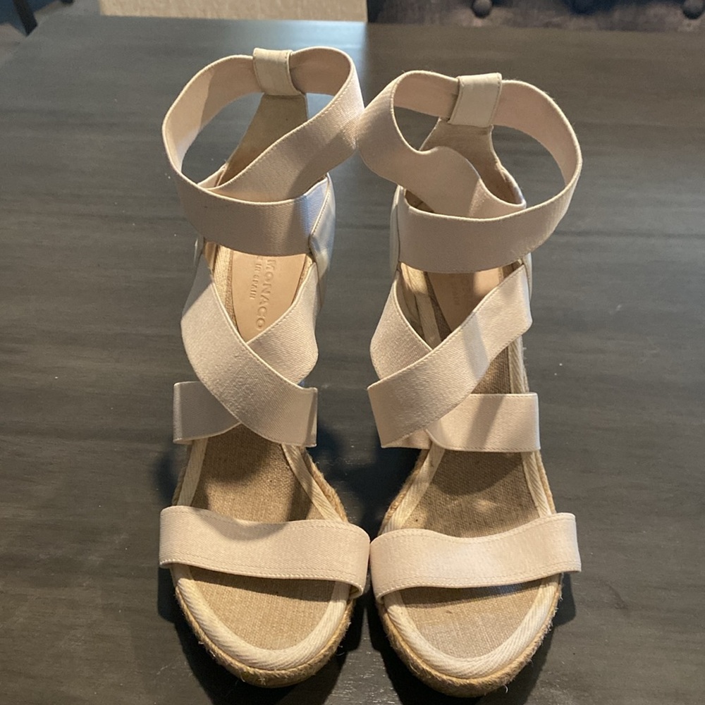 Club Monaco Blush Beige Elastic-Strap Wedge Sandals